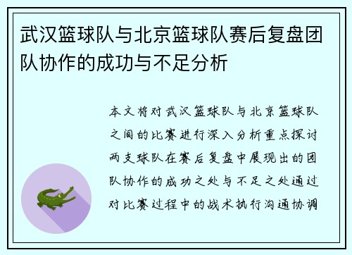 武汉篮球队与北京篮球队赛后复盘团队协作的成功与不足分析