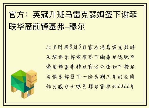 官方：英冠升班马雷克瑟姆签下谢菲联华裔前锋基弗-穆尔